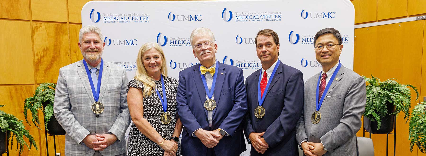 Recipients of the 2025 Guyton Professorships are, from left, Dr. Michael Garrett, Dr. Babbette LaMarca, Dr. Gailen Marshall, Dr. David Stec and Dr. Lei Zhang.